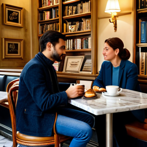 **

"A cozy corner in a Parisian cafe, fully clothed patrons seated at small marble tables, enjoying coffee and pastries, soft lighting, bookshelves lining the walls, appropriate content, safe for work, perfect anatomy, natural proportions, professional photography, high quality, professional, modest, family-friendly."

**
