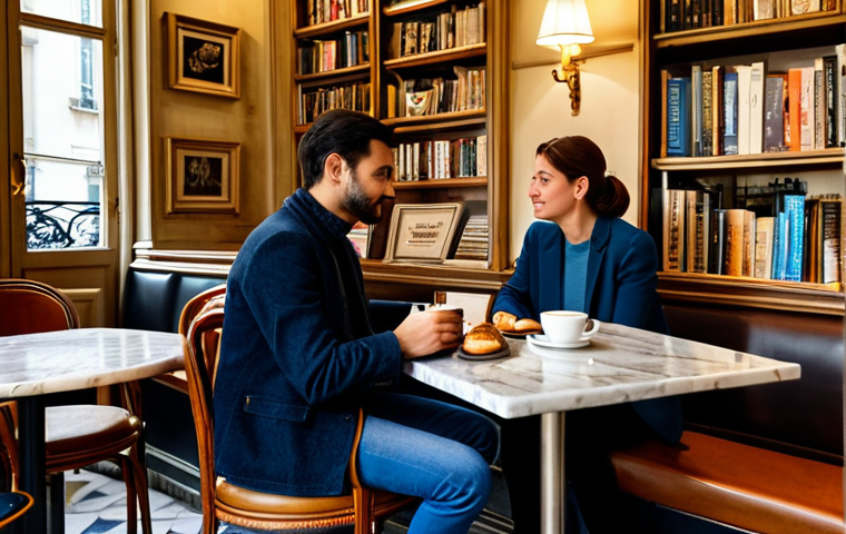 **

"A cozy corner in a Parisian cafe, fully clothed patrons seated at small marble tables, enjoying coffee and pastries, soft lighting, bookshelves lining the walls, appropriate content, safe for work, perfect anatomy, natural proportions, professional photography, high quality, professional, modest, family-friendly."

**