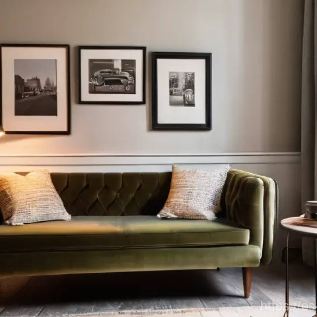 레트로 감성 카페 디자인 - **Cozy Retro Lounge Corner**
A warm, inviting retro cafe lounge area. A plush, deep olive green ...