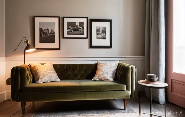 레트로 감성 카페 디자인 - **Cozy Retro Lounge Corner**
    A warm, inviting retro cafe lounge area. A plush, deep olive green ...