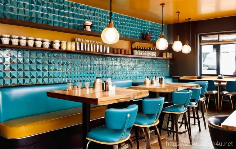 레트로 감성 카페 디자인 - **Productive Vintage Study Nook**
    A stylish and functional study nook within a retro cafe, bathe...
