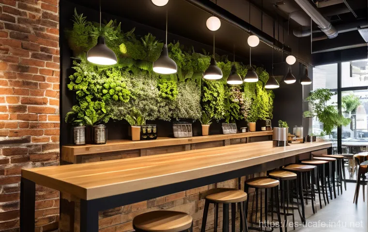 컨셉 카페의 인테리어 디자인 팁 - **Prompt:** A modern and chic coffee shop interior designed for both productivity and social interac...