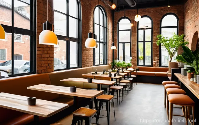 이색카페 인테리어 소품 - A warm and inviting modern coffee shop interior, designed with a focus on natural materials and eart...
