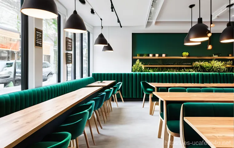 이색카페 인테리어 소품 - A warm and inviting modern coffee shop interior, designed with a focus on natural materials and eart...