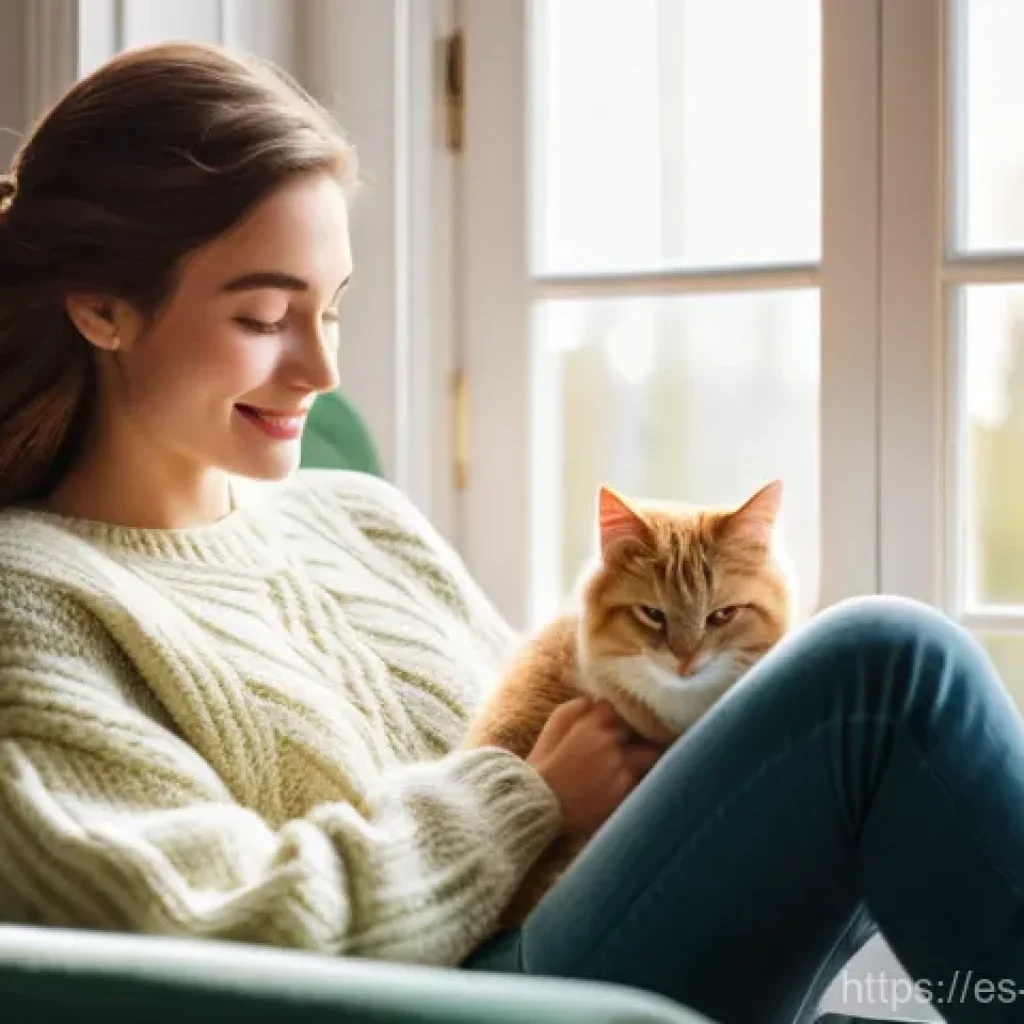 고양이카페와 강아지카페 차이점 - **Prompt:** A young woman, dressed in a cozy, oversized knit sweater and comfortable jeans, is seate...