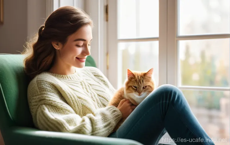 고양이카페와 강아지카페 차이점 - **Prompt:** A young woman, dressed in a cozy, oversized knit sweater and comfortable jeans, is seate...