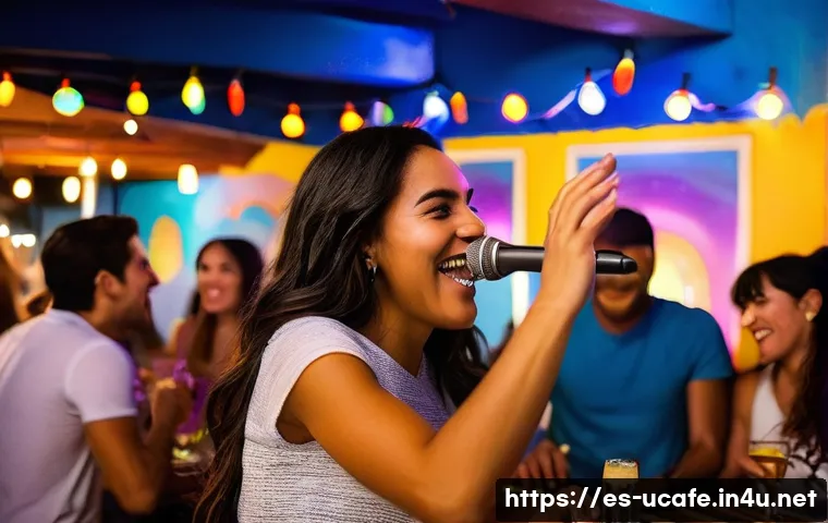 코인노래방 카페 운영법 - **Prompt:** "A vibrant and lively karaoke night at a Latin-themed cafe in Miami. The cafe is decorat...