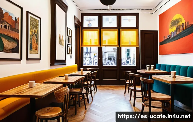 이색카페 프랜차이즈 추천 - A cozy, art-themed caf&eacute; interior in Madrid featuring vintage wooden tables, walls adorned with large...