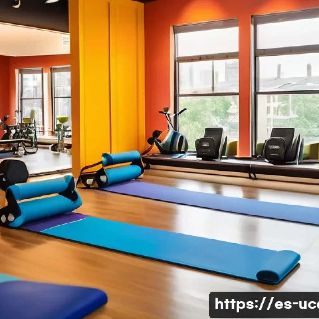 피트니스 컨셉 이색카페 - A modern fitness café interior filled with natural sunlight streaming through large windows, vibrant...