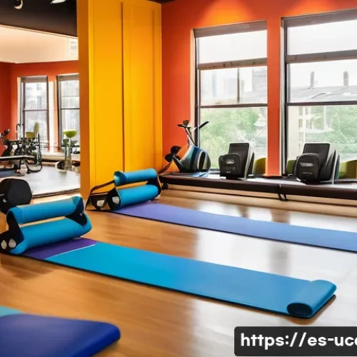 Home 32 피트니스 컨셉 이색카페 - A modern fitness café interior filled with natural sunlight streaming through large windows, vibrant...