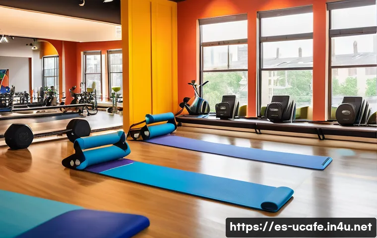 피트니스 컨셉 이색카페 - A modern fitness caf&eacute; interior filled with natural sunlight streaming through large windows, vibrant...
