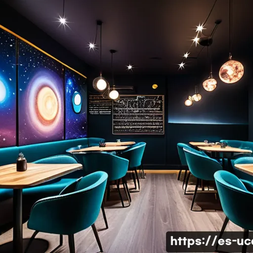 천문대 컨셉 이색카페 - A cozy astronomical-themed caf&eacute; interior featuring dark metallic furniture resembling the cosmos, wa...