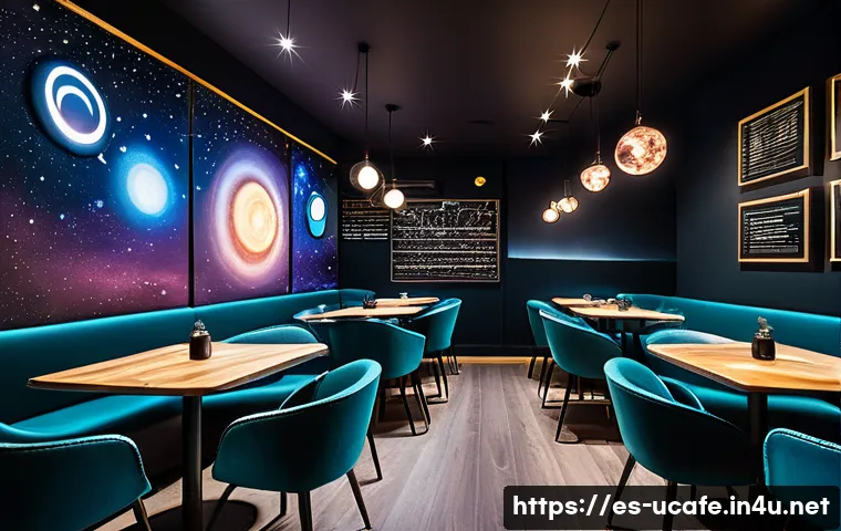 천문대 컨셉 이색카페 - A cozy astronomical-themed café interior featuring dark metallic furniture resembling the cosmos, wa...