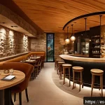 Home 23 동굴 컨셉 이색카페 - A cozy underground café interior carved from natural stone with warm, dim lighting creating a welcom...