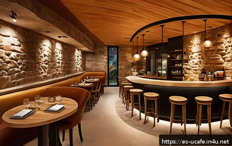 동굴 컨셉 이색카페 - A cozy underground café interior carved from natural stone with warm, dim lighting creating a welcom...