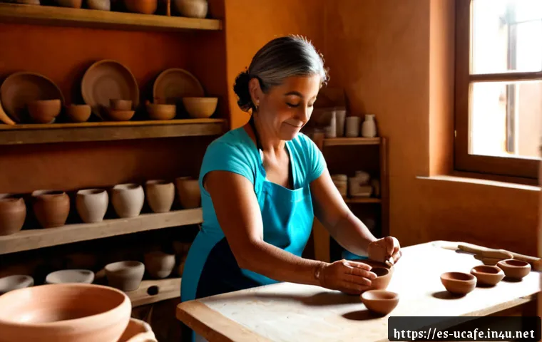공방형 이색카페 체험 리스트 - Photorealistic artisan craft café in a charming Spanish neighborhood, a middle-aged woman painting a...
